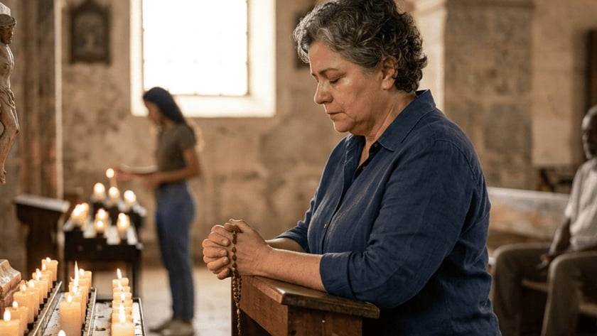Mulher ajoelhada reza com um terço diante de velas e um crucifixo em uma igreja antiga.