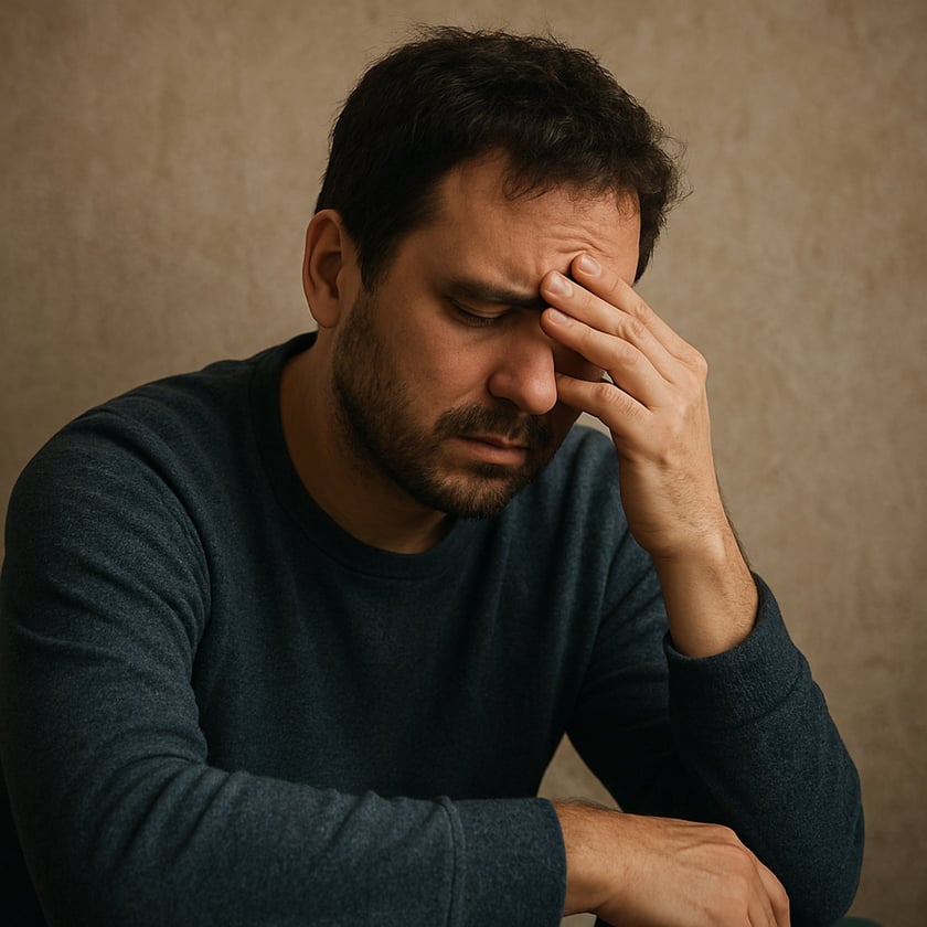 Homem de barba e suéter azul-escuro, de olhos fechados, com a mão na testa.