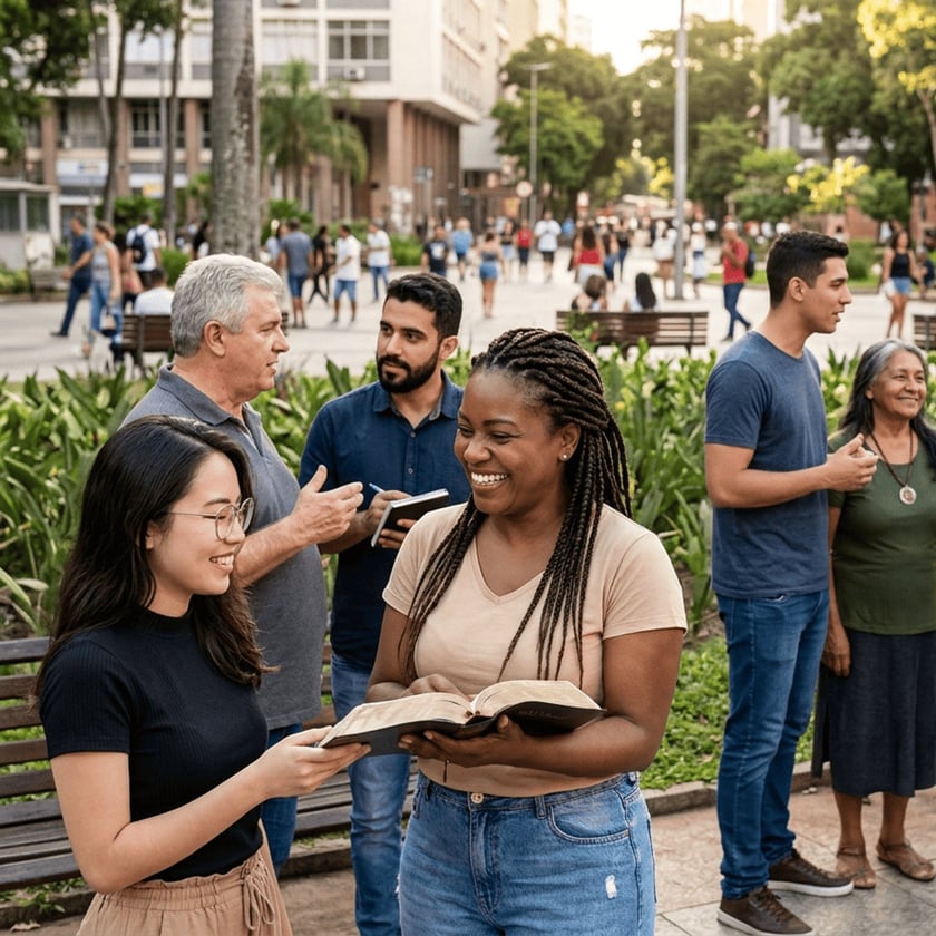 Grupo diverso conversa em uma praça arborizada; uma mulher sorridente segura uma Bíblia aberta.