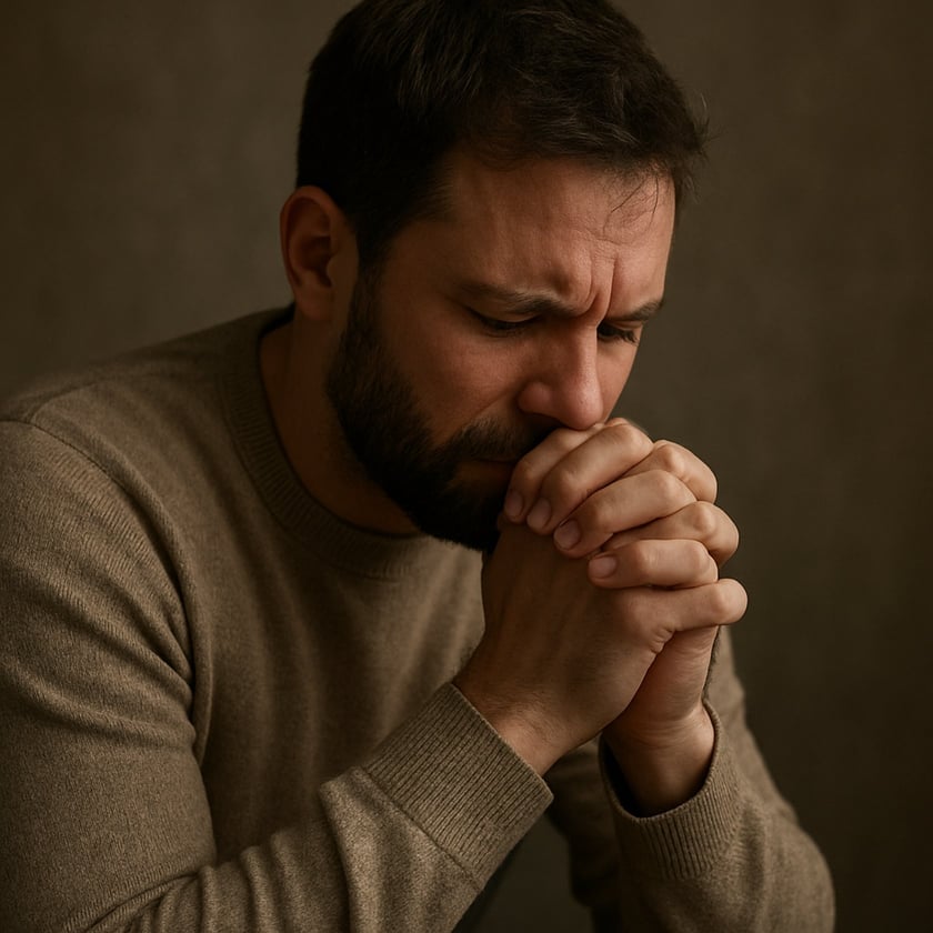 Homem de barba, com suéter marrom, de olhos fechados e mãos unidas junto ao rosto.