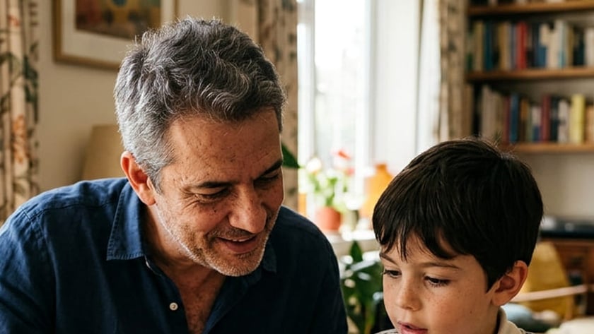 Homem de cabelos grisalhos e menino leem juntos um livro antigo sobre uma mesa de madeira.