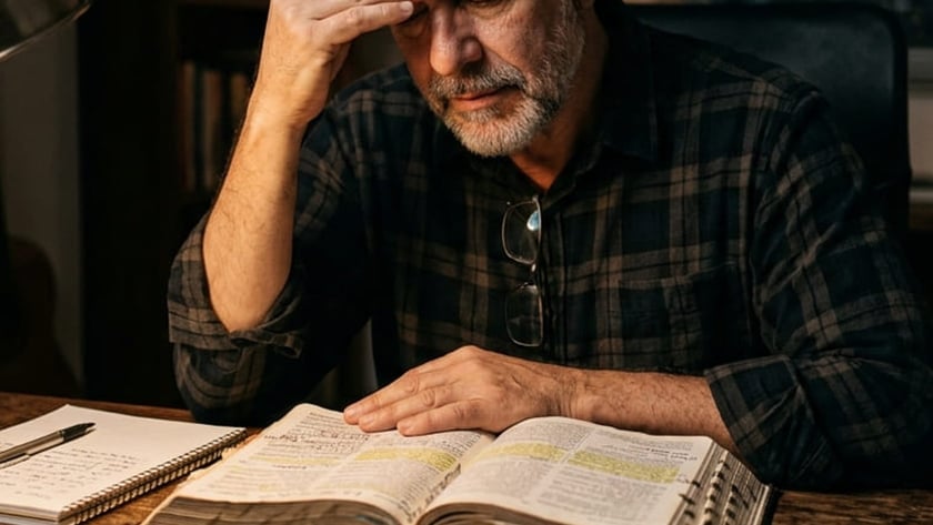 Homem grisalho de barba, com a mão na testa, diante de uma Bíblia aberta e um caderno.