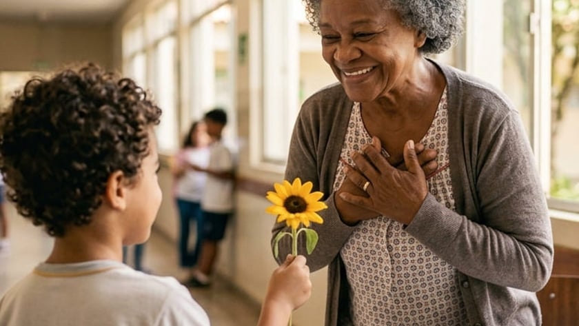 Menino entrega um girassol a uma idosa sorridente em corredor de escola.