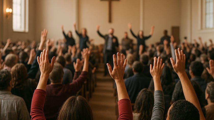 Fiéis de braços erguidos em uma igreja, com uma grande cruz de madeira na parede ao fundo.