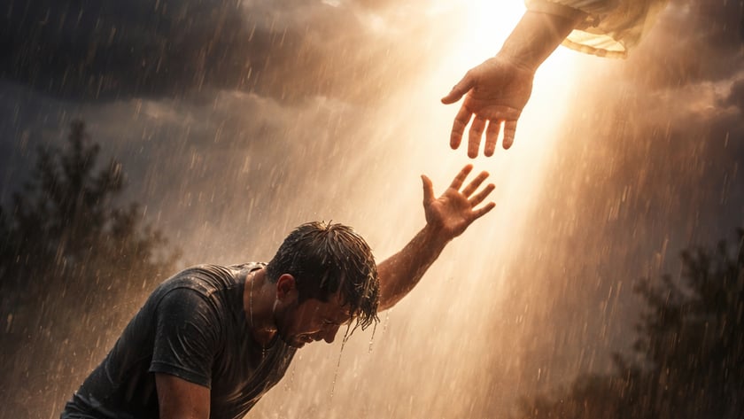 Homem ajoelhado na chuva estende a mão para outra mão que desce do céu.