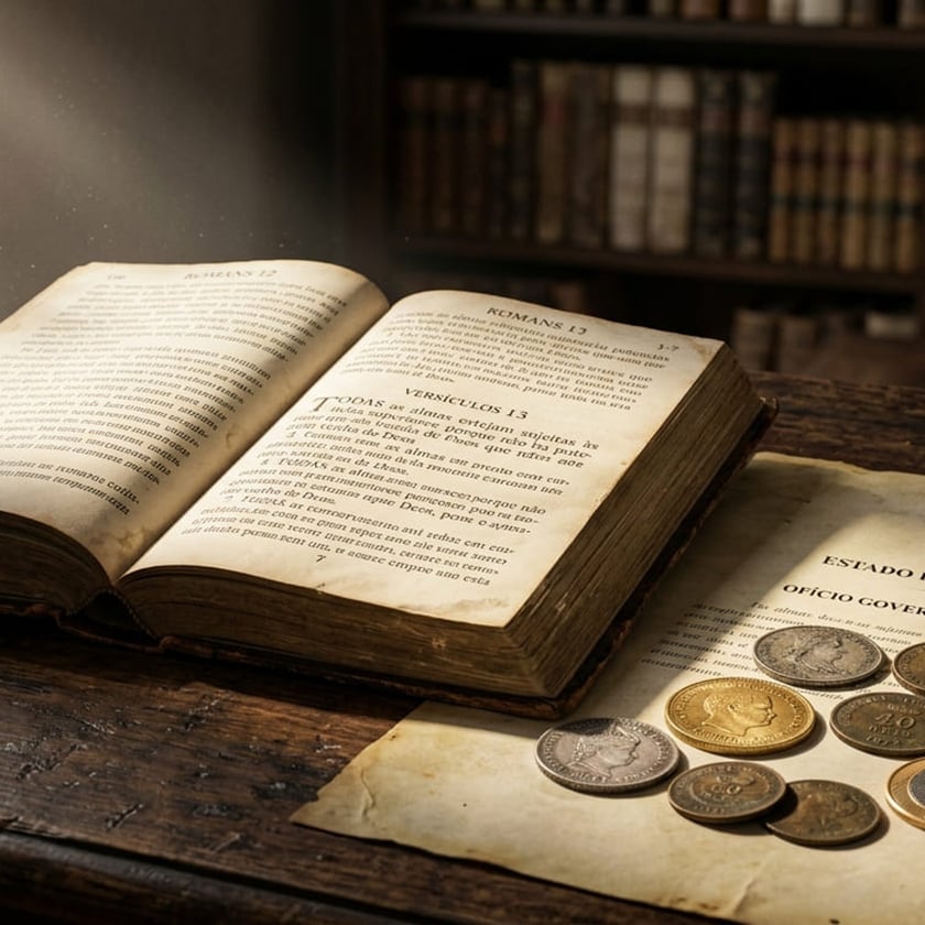 Livro antigo aberto em "Romans 13" sobre mesa de madeira, com uma moeda e um papel.