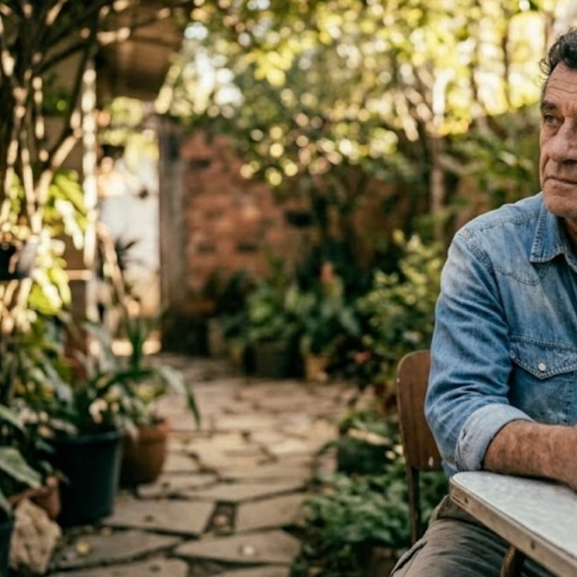 Homem de camisa jeans sentado a uma mesa em um quintal com plantas.