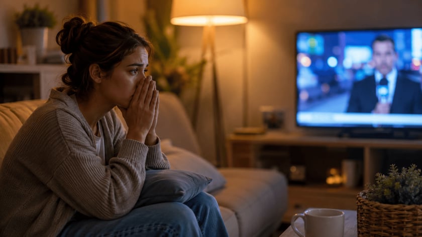 Televisão exibe repórter de terno com microfone, em sala com sofá, xícara e cesta com planta.