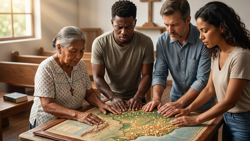 Quatro pessoas de olhos baixos apoiam as mãos sobre um mapa com pontos luminosos, sob uma cruz.