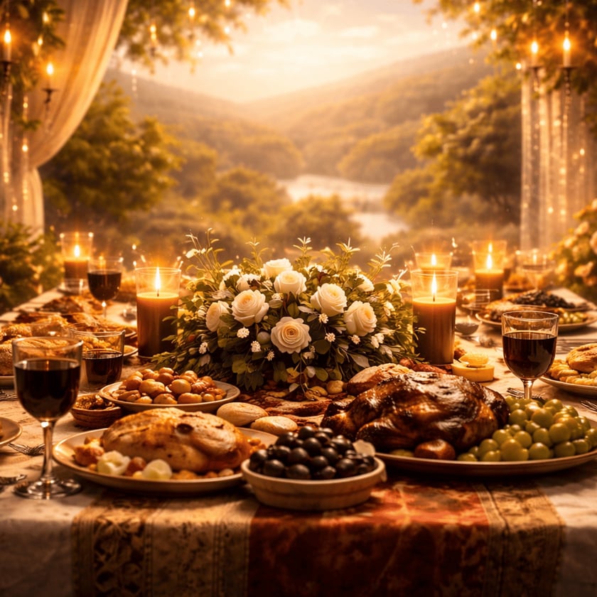 Mesa posta ao ar livre com assado, frutas, vinho, velas e rosas brancas.