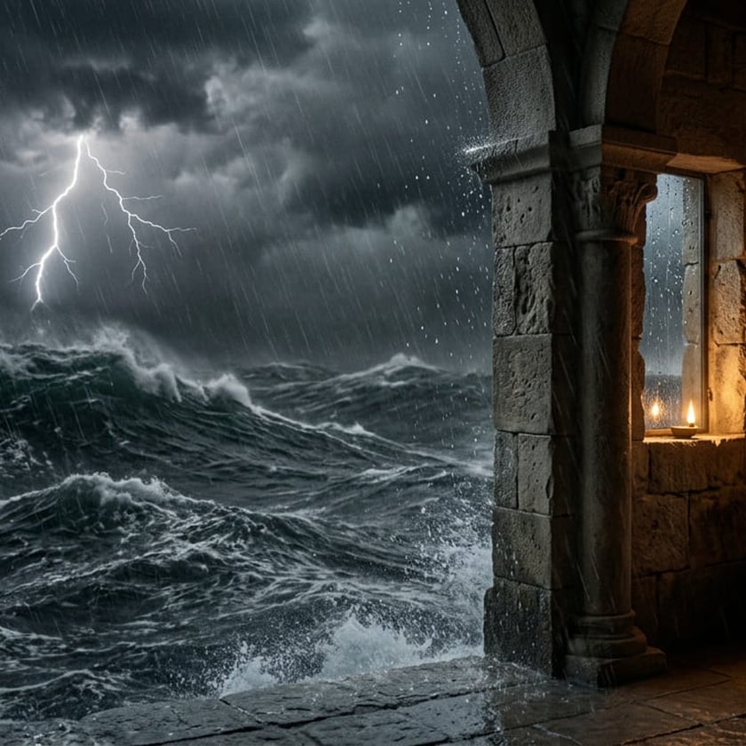 Mar tempestuoso com raio e chuva visto de uma arcada de pedra com vela acesa.