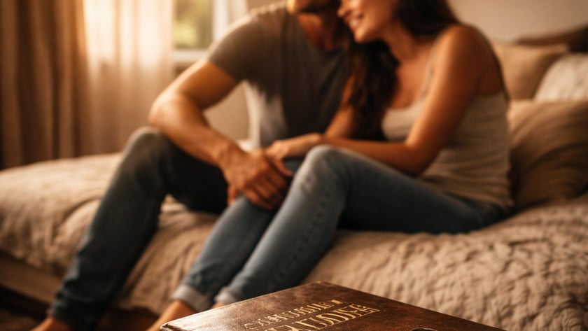 Casal sentado abraçado na cama, com aliança sobre uma Bíblia em primeiro plano.