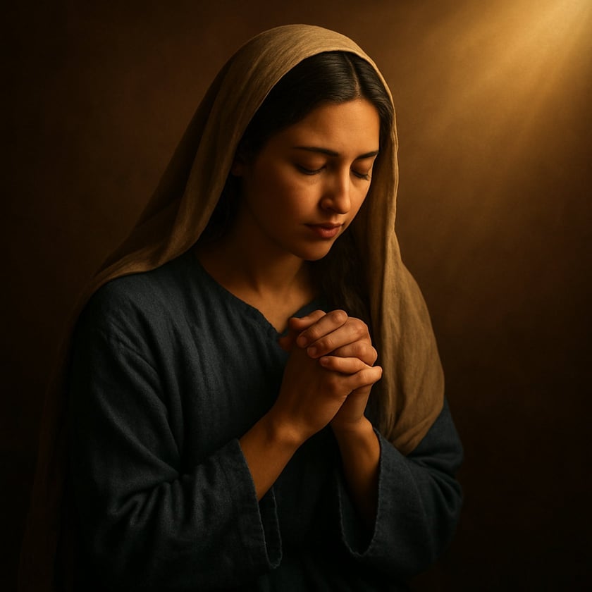 Mulher de manto bege na cabeça e túnica escura, com as mãos postas, de olhos fechados.