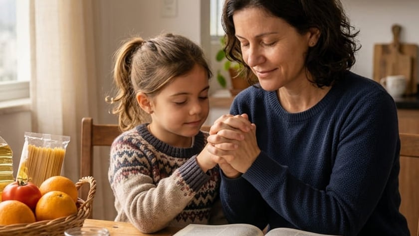 Mulher e menina de mãos postas, olhos fechados, à mesa com Bíblia e cesta de alimentos.