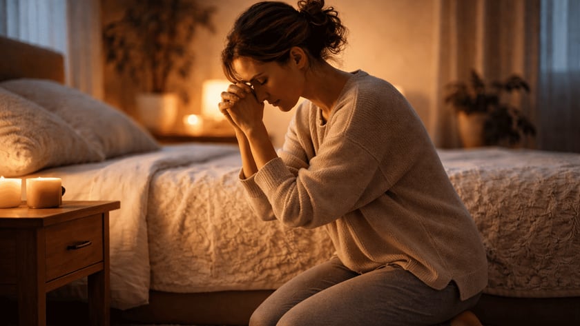 Mulher ajoelhada ao lado da cama, de olhos fechados e mãos unidas junto à testa.