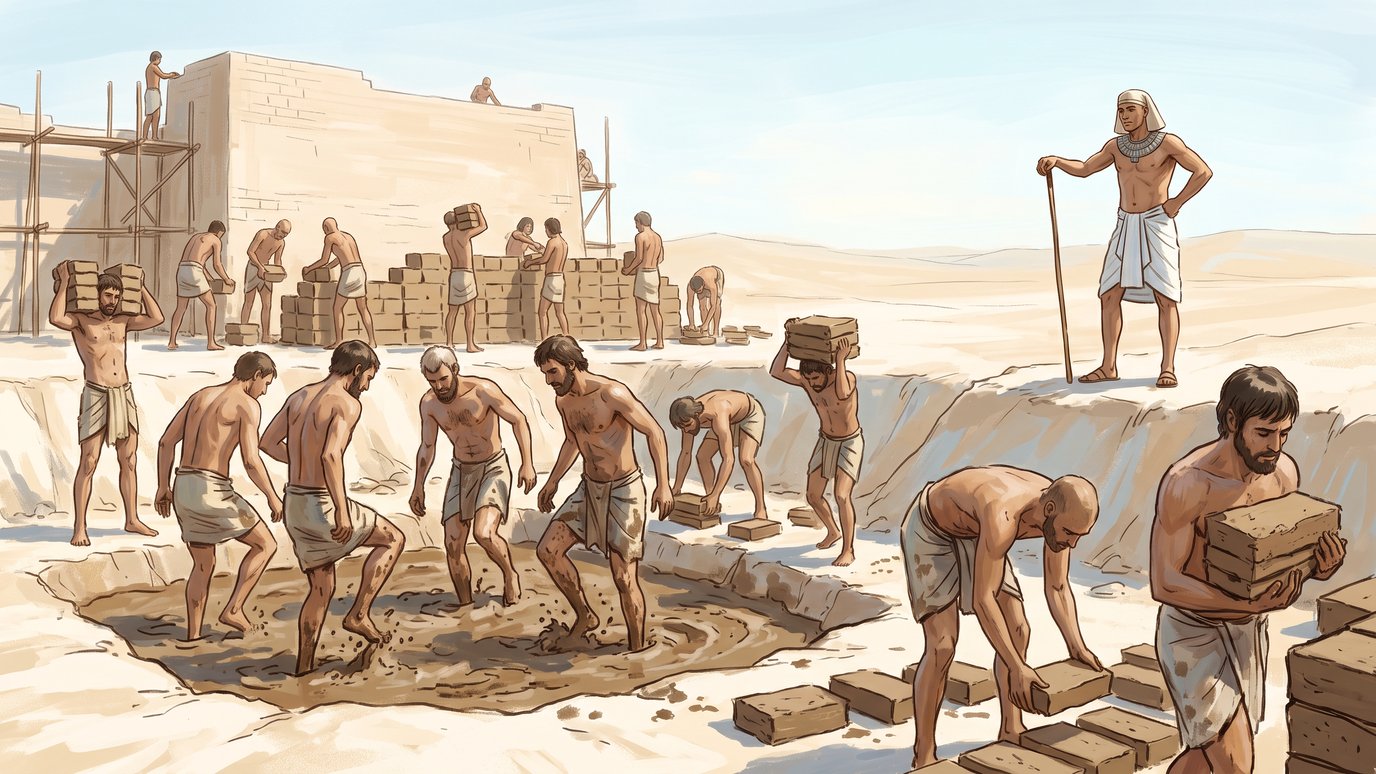Homens pisam barro e carregam tijolos numa obra no deserto, vigiados por um egípcio.