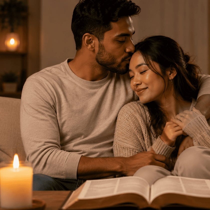 Homem beija a testa de uma mulher abraçada a ele no sofá, com vela e livro.
