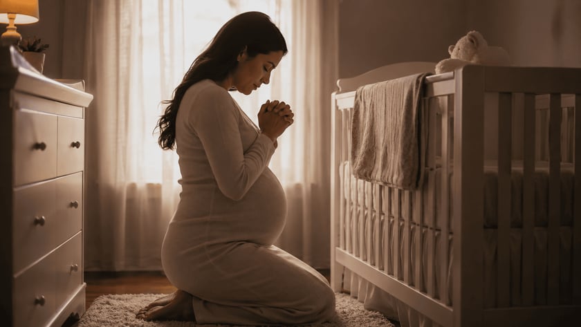 Mulher grávida ajoelhada com as mãos unidas, de olhos fechados, em um quarto de bebê.