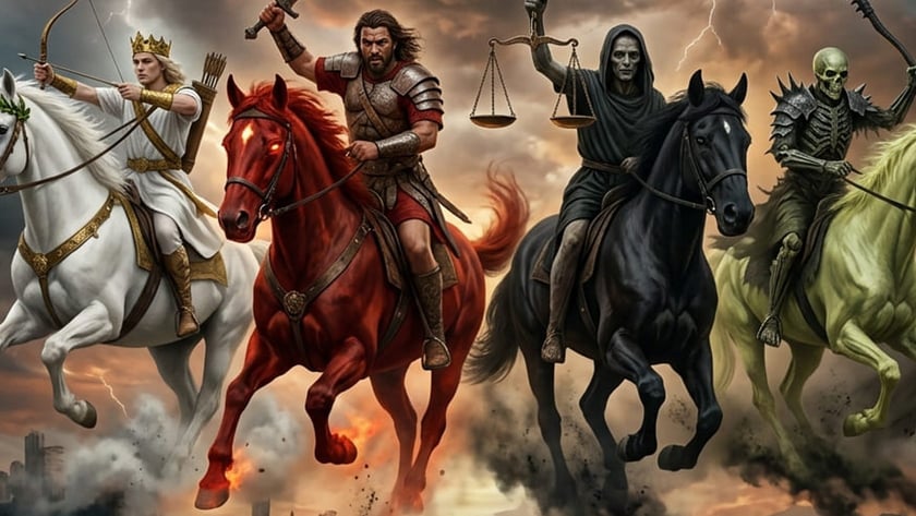 Quatro cavaleiros em cavalos branco, vermelho, preto e verde galopam sobre uma paisagem em ruínas.
