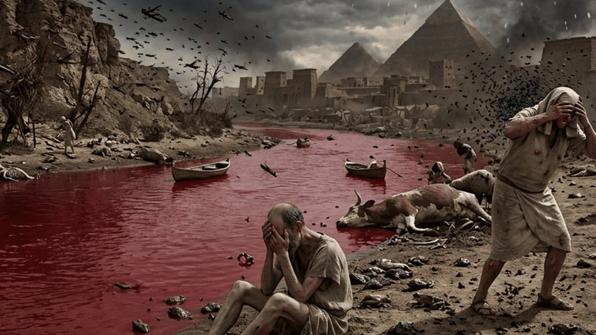 Homens aflitos junto a um rio vermelho, com gado morto, rãs, gafanhotos e pirâmides ao fundo.