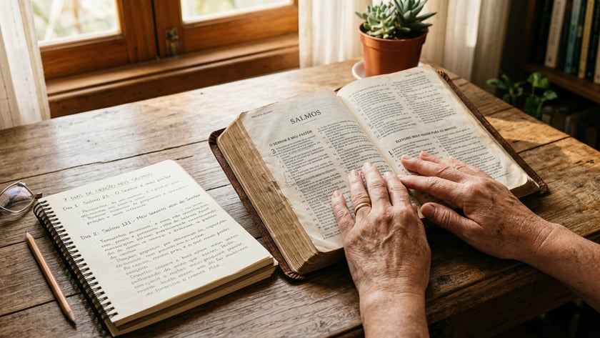 Mão de pessoa idosa sobre Bíblia aberta em "SALMOS", ao lado de caderno de anotações.