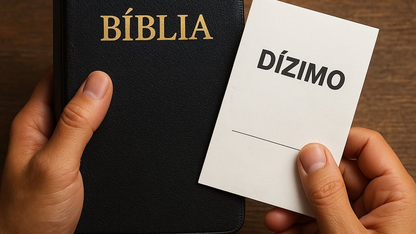 Mãos seguram uma Bíblia preta e um cartão branco com as palavras "Dízimo".