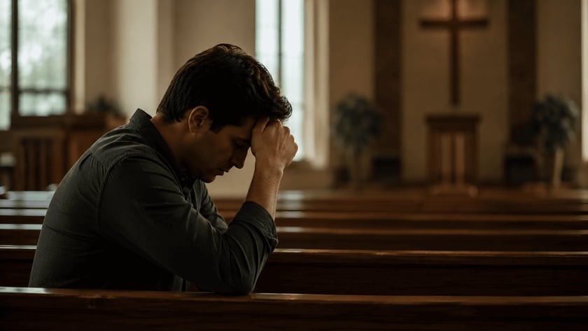 Homem de cabelo escuro e camisa escura, sentado num banco de igreja, com a testa apoiada no punho.
