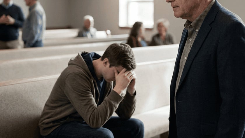 Homem de blazer em pé observa jovem sentado num banco de igreja, com o rosto nas mãos.