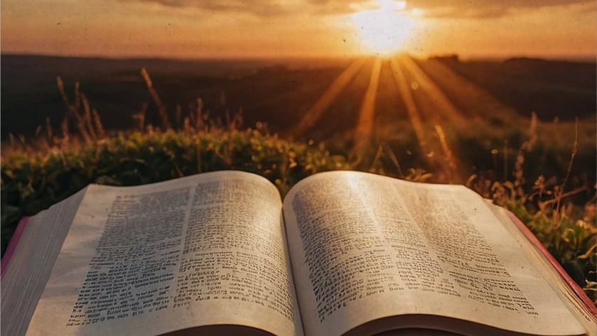 Livro aberto sobre a grama, com o sol se pondo no horizonte ao fundo.