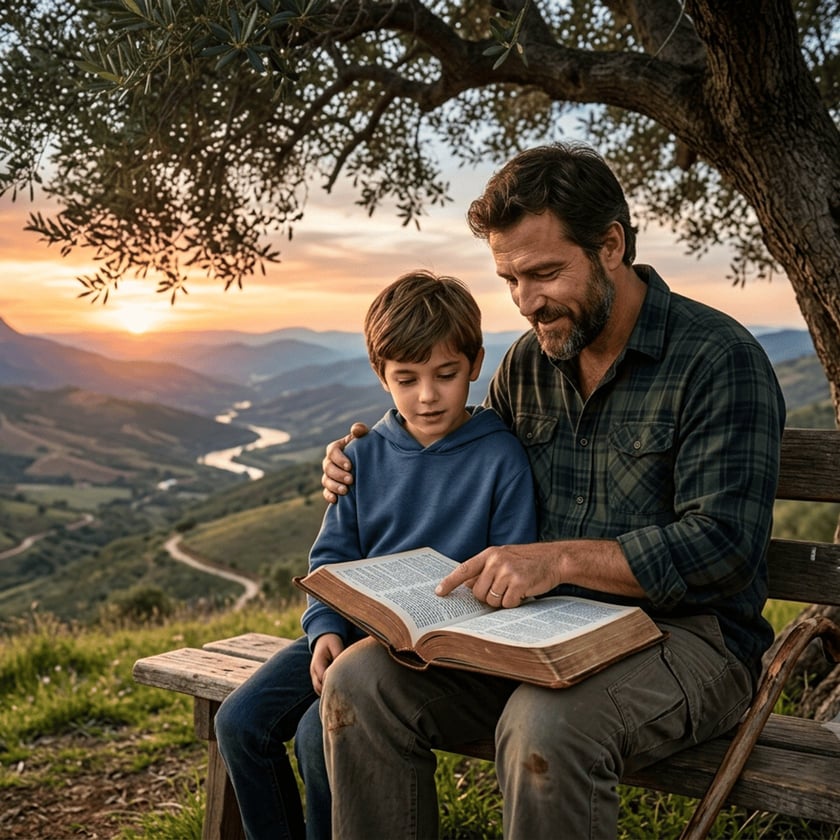 Homem e menino sentados num banco sob uma oliveira, lendo uma Bíblia grande ao pôr do sol.