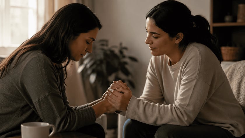 Duas mulheres sentadas de mãos dadas em uma sala, uma delas de cabeça baixa e olhos fechados.