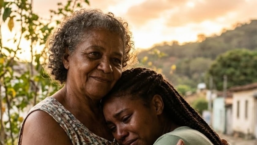 Mulher idosa abraça mulher mais jovem em lágrimas, numa rua de bairro com morros ao fundo.