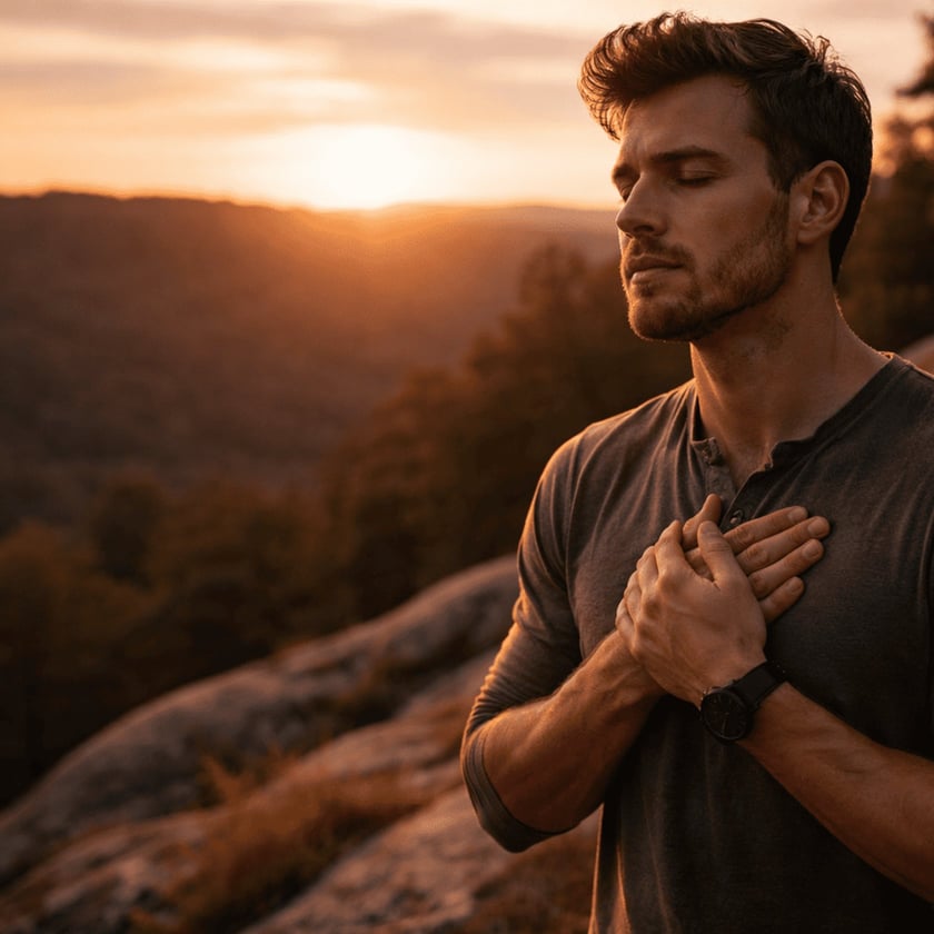 Homem de olhos fechados e mãos sobre o peito, em um mirante rochoso ao pôr do sol.