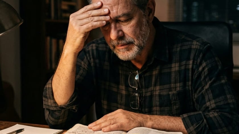 Homem grisalho de barba, com a mão na testa, diante de uma Bíblia aberta e um caderno.