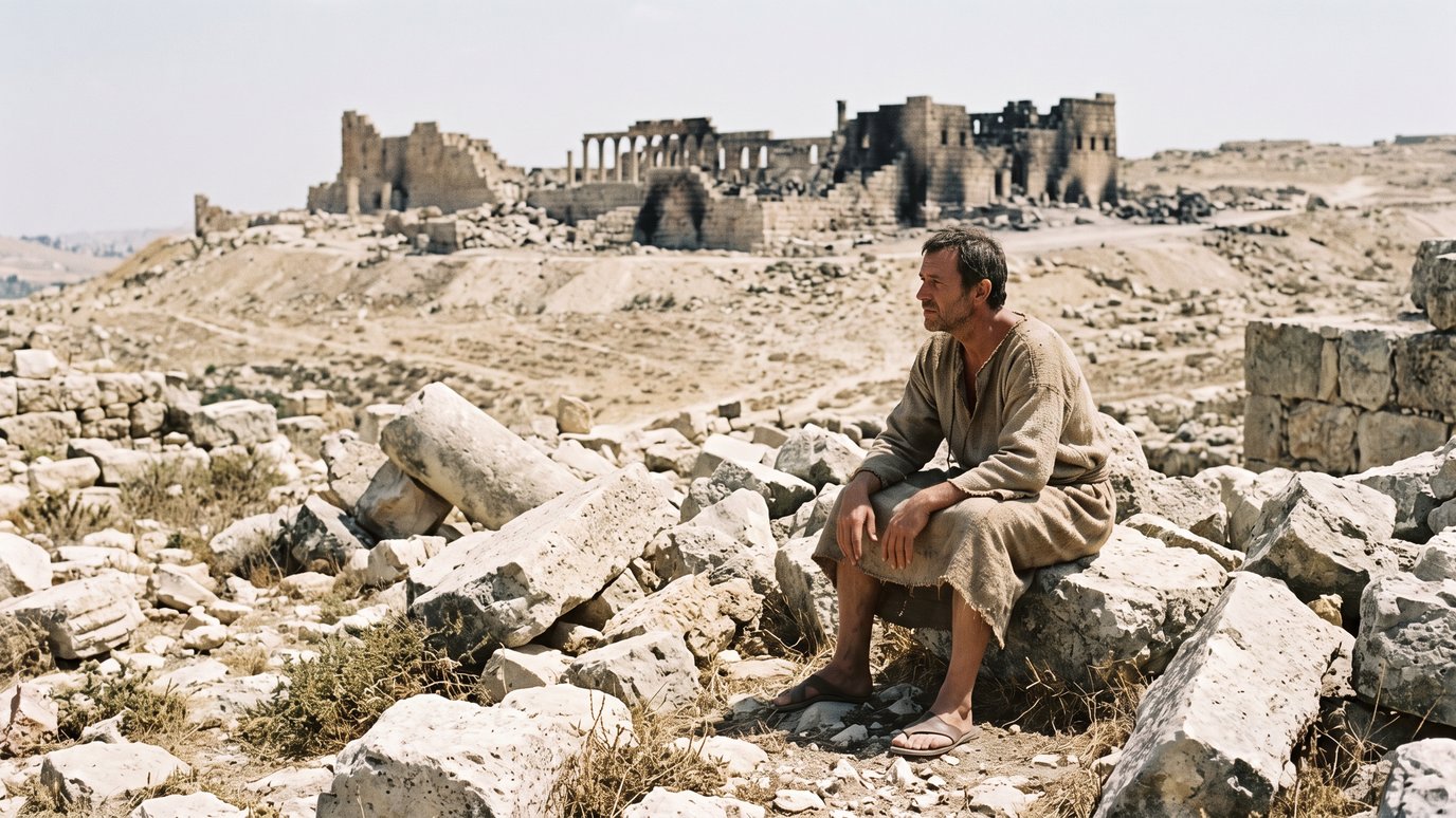Homem de túnica simples sentado sobre pedras, diante de ruínas antigas no deserto.