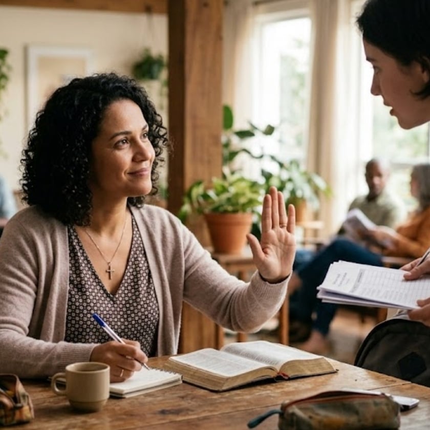 Mulher sentada à mesa com Bíblia e caderno ergue a mão para outra pessoa com papéis.