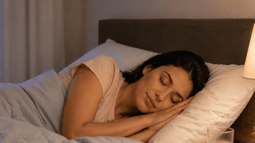 Mulher de cabelo escuro dorme de lado na cama, com abajur aceso ao lado.