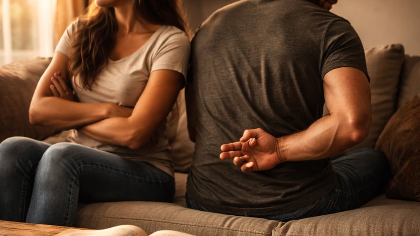 Casal sentado de costas um para o outro no sofá; ele cruza os dedos atrás.