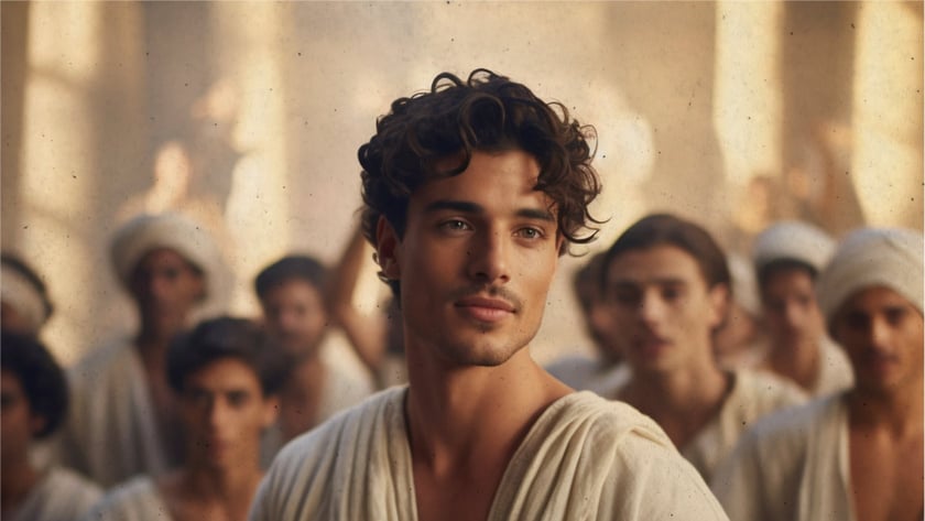 Jovem de cabelo cacheado e túnica clara, em primeiro plano, diante de homens em trajes brancos.