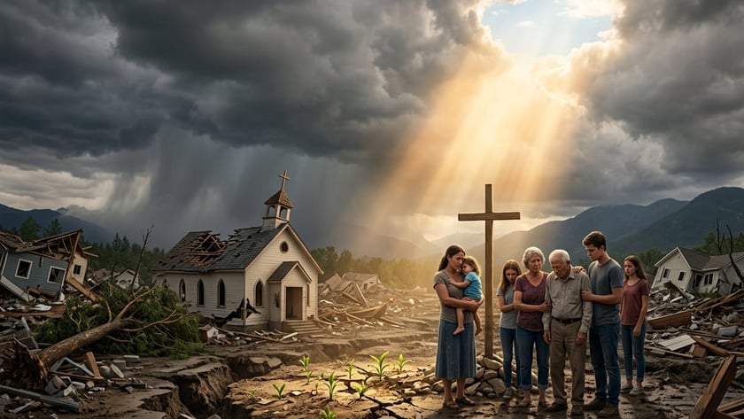 Família de cinco pessoas ao lado de uma cruz, diante de igreja destruída.