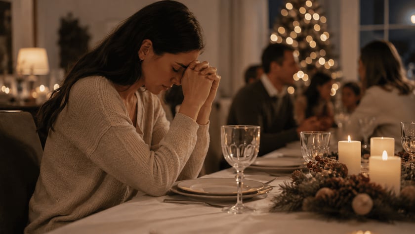 Mulher de cabeça baixa e mãos unidas à mesa de Natal posta, com pessoas ao fundo.