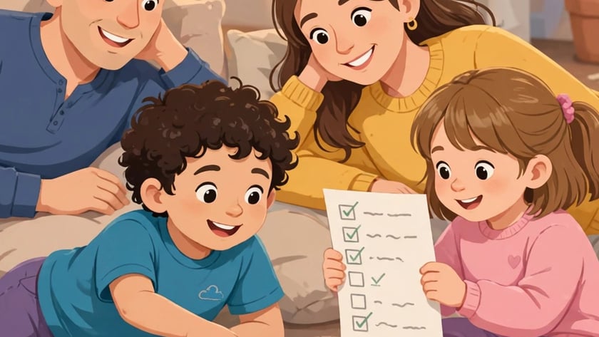 Família deitada na sala olha um livro aberto e uma lista com itens marcados.