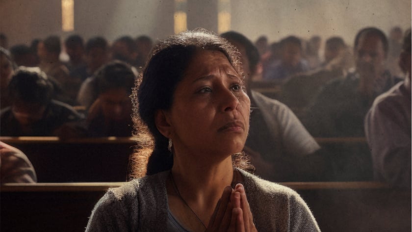Mulher de cardigã cinza reza de mãos juntas em um banco de igreja lotada.