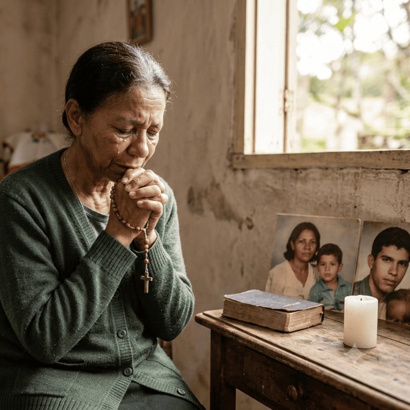 Mulher idosa chora e reza com um terço, ao lado de fotos, Bíblia e vela.