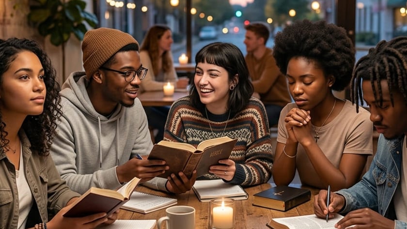 Cinco jovens estudam a Bíblia em volta de uma mesa de madeira numa cafeteria.