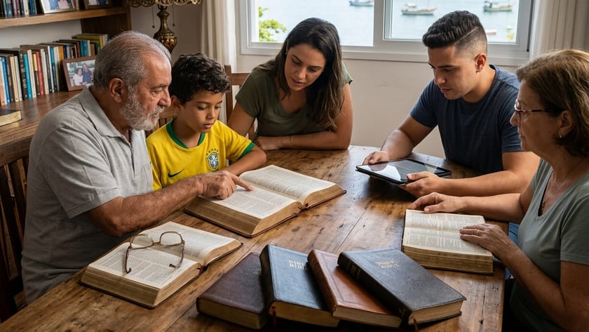 Família de várias idades lê Bíblias em volta de uma mesa de madeira, com baía ao fundo.