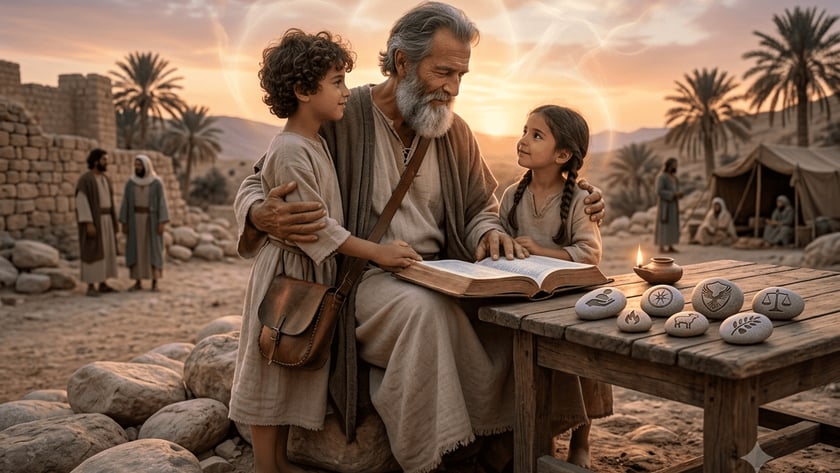 Homem idoso lê um livro aberto com duas crianças, ao pôr do sol no deserto.