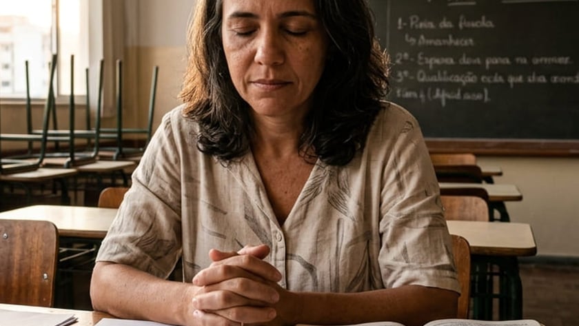 Mulher de olhos fechados e mãos juntas à mesa numa sala de aula: "Diário de Classe".