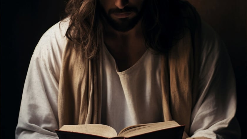 Homem de cabelo comprido e barba, com túnica branca, lê um livro aberto.