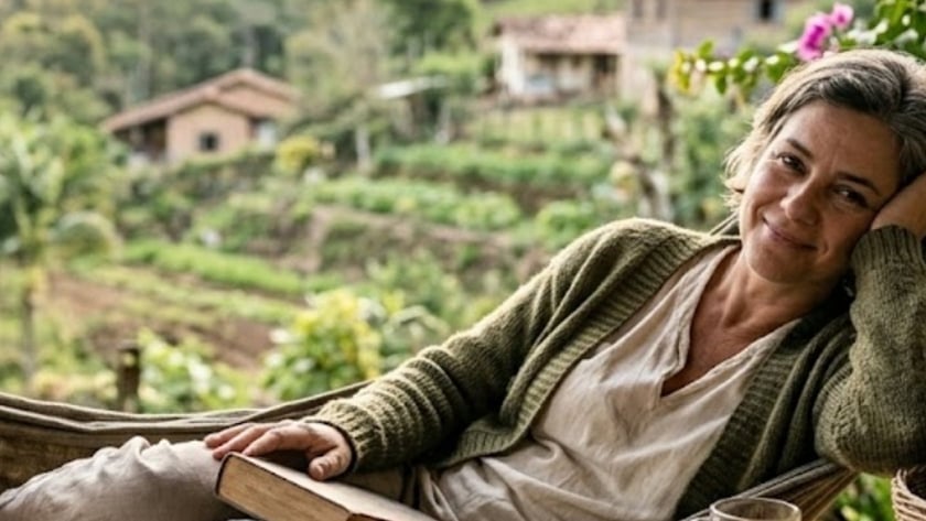 Mulher de cabelo grisalho deitada em uma rede, com livro, chá e gato num cesto.